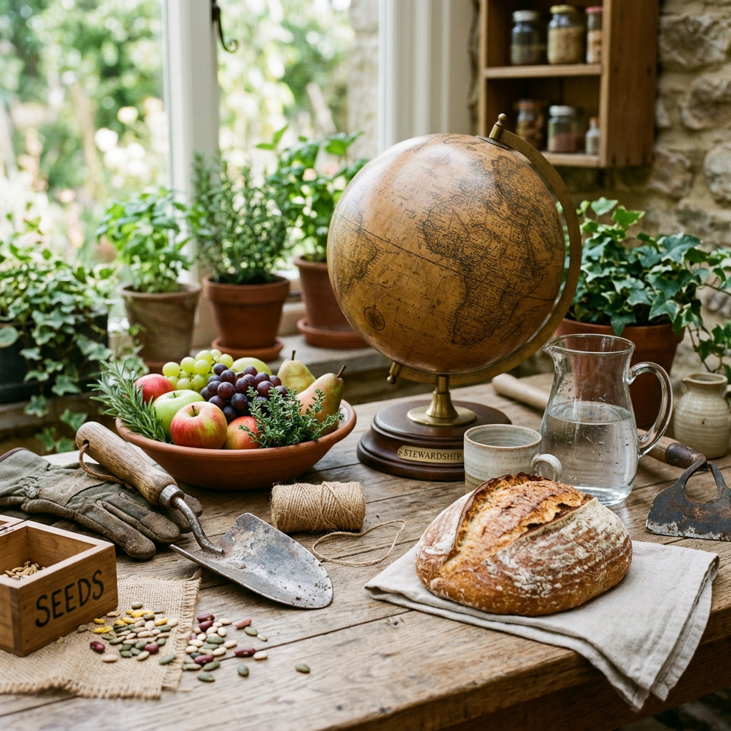 Rustic table with globe, gardening tools, produce, seeds, and bread
