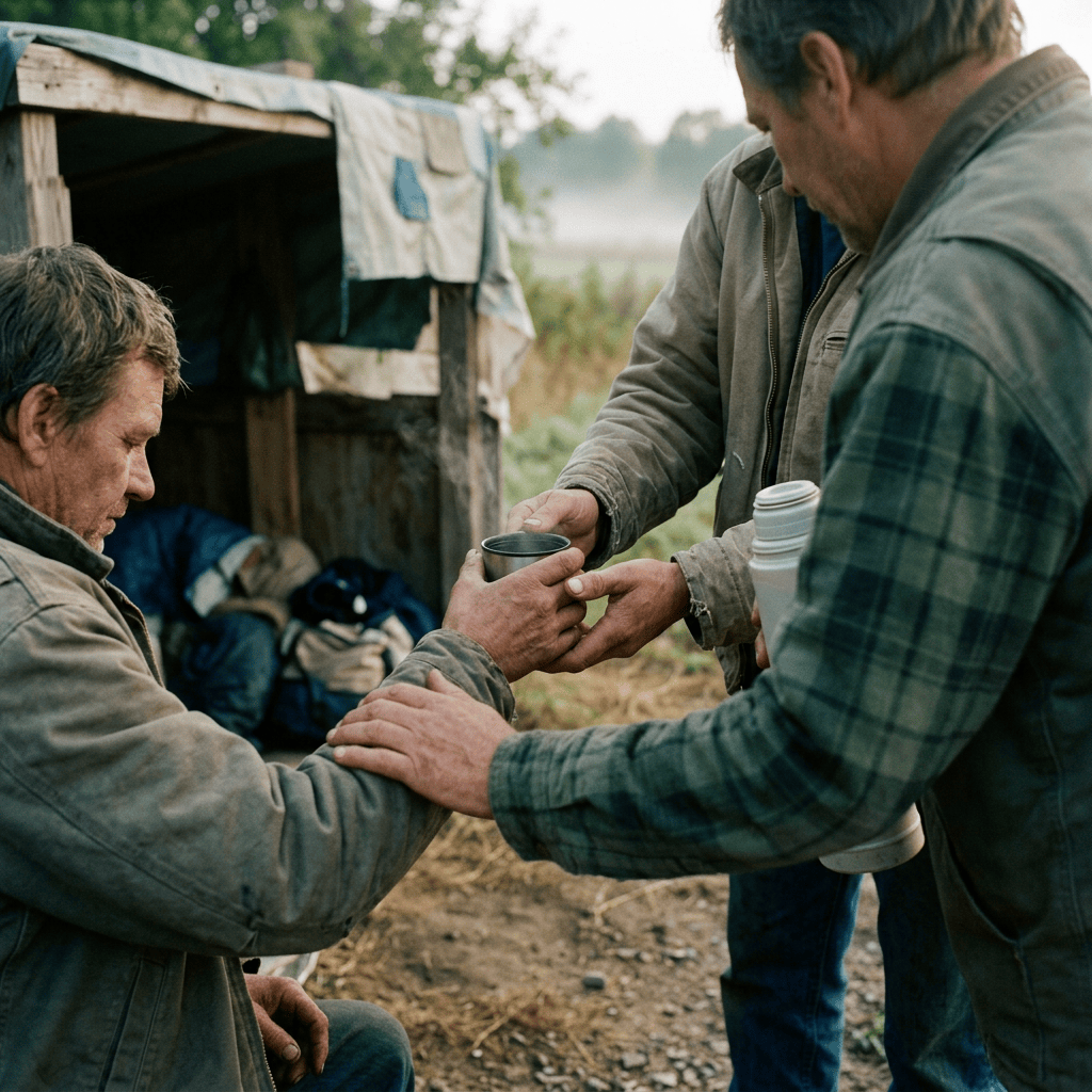 Two men offer a drink to a seated man beside a shelter