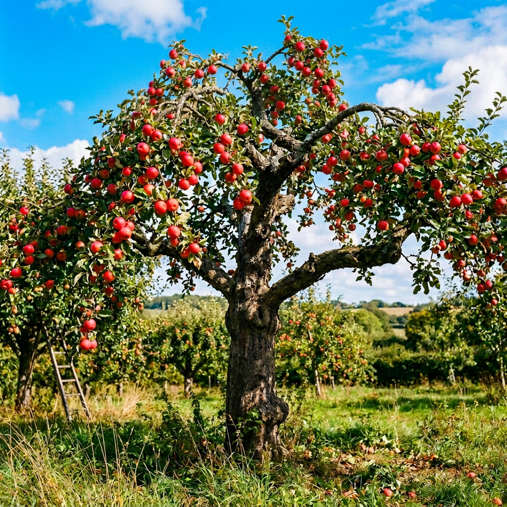 Apple tree laden with red fruit in a sunlit orchard